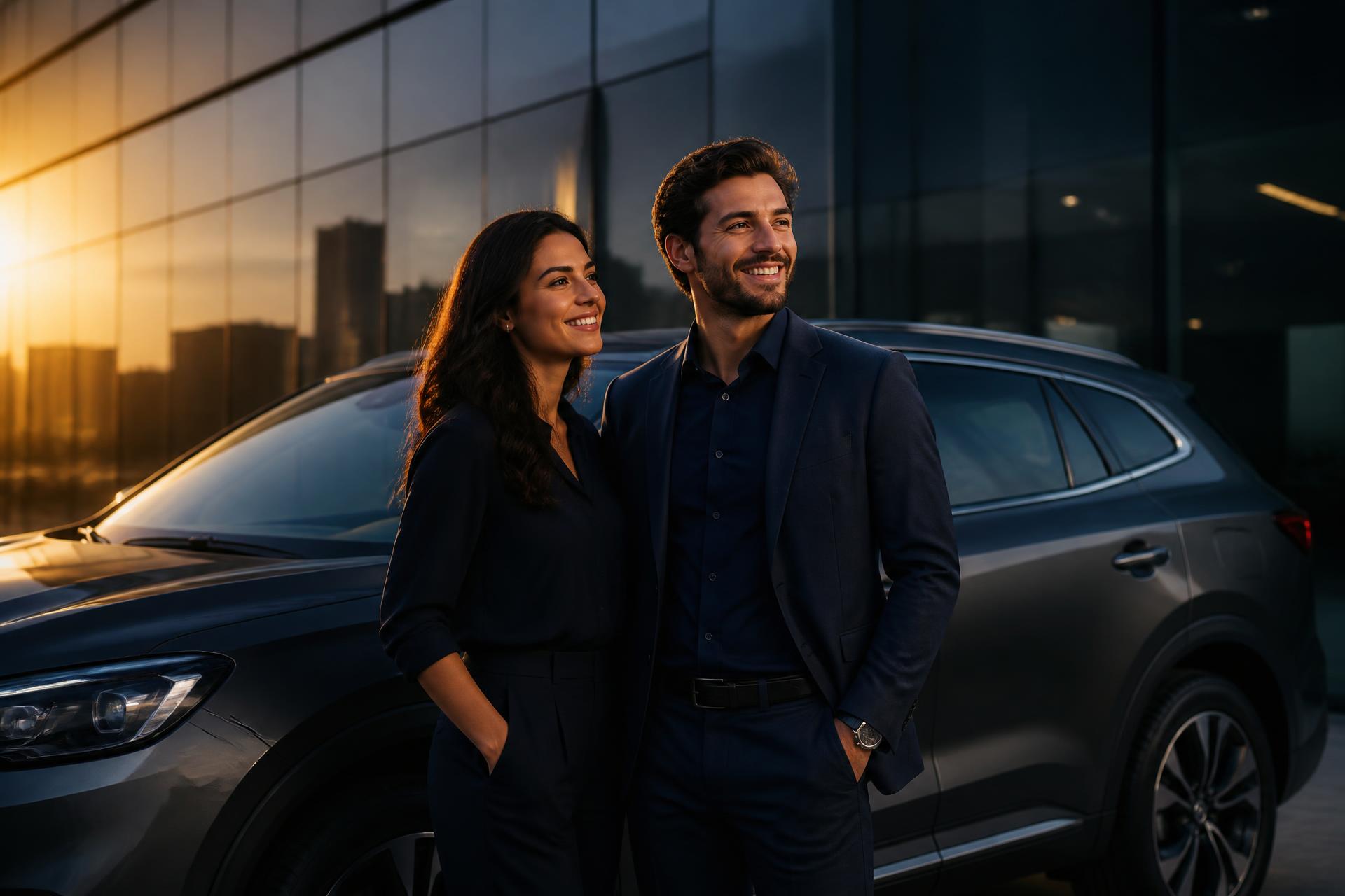 Casal ao lado de um SUV moderno em frente a um edifício corporativo